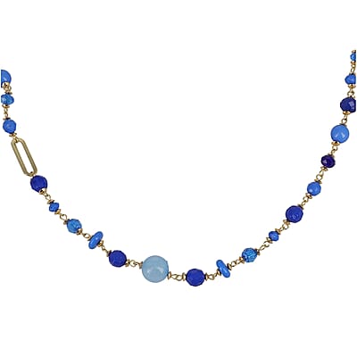 Blue Glass Beaded Necklace in Goldtone 36-38 Inches