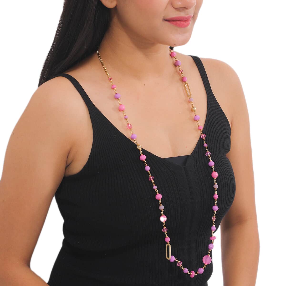 Pink Glass Beaded Necklace 36-38 Inches in Goldtone image number 1