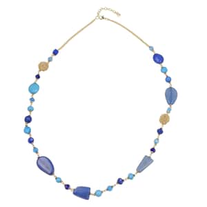 Blue Glass Beaded Necklace 32.5 Inches in Goldtone