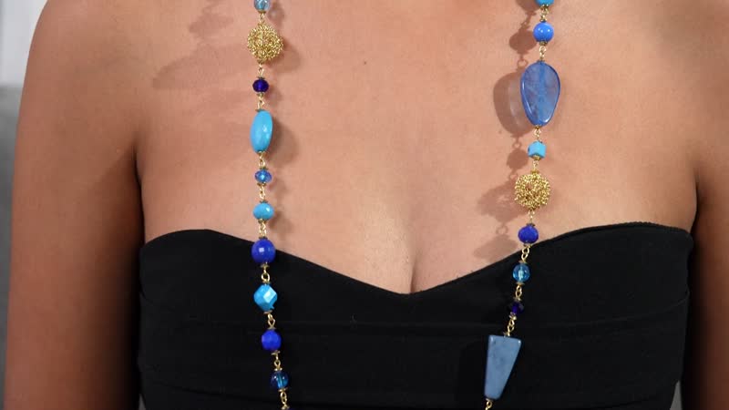 Blue Glass Beaded Necklace 32.5 Inches in Goldtone