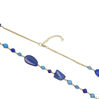 Blue Glass Beaded Necklace 32.5 Inches in Goldtone