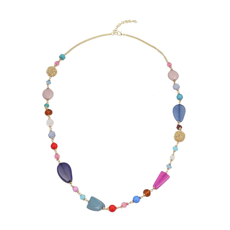 Multi Color Glass Beaded Necklace 32.5-34.5 Inches in Goldtone