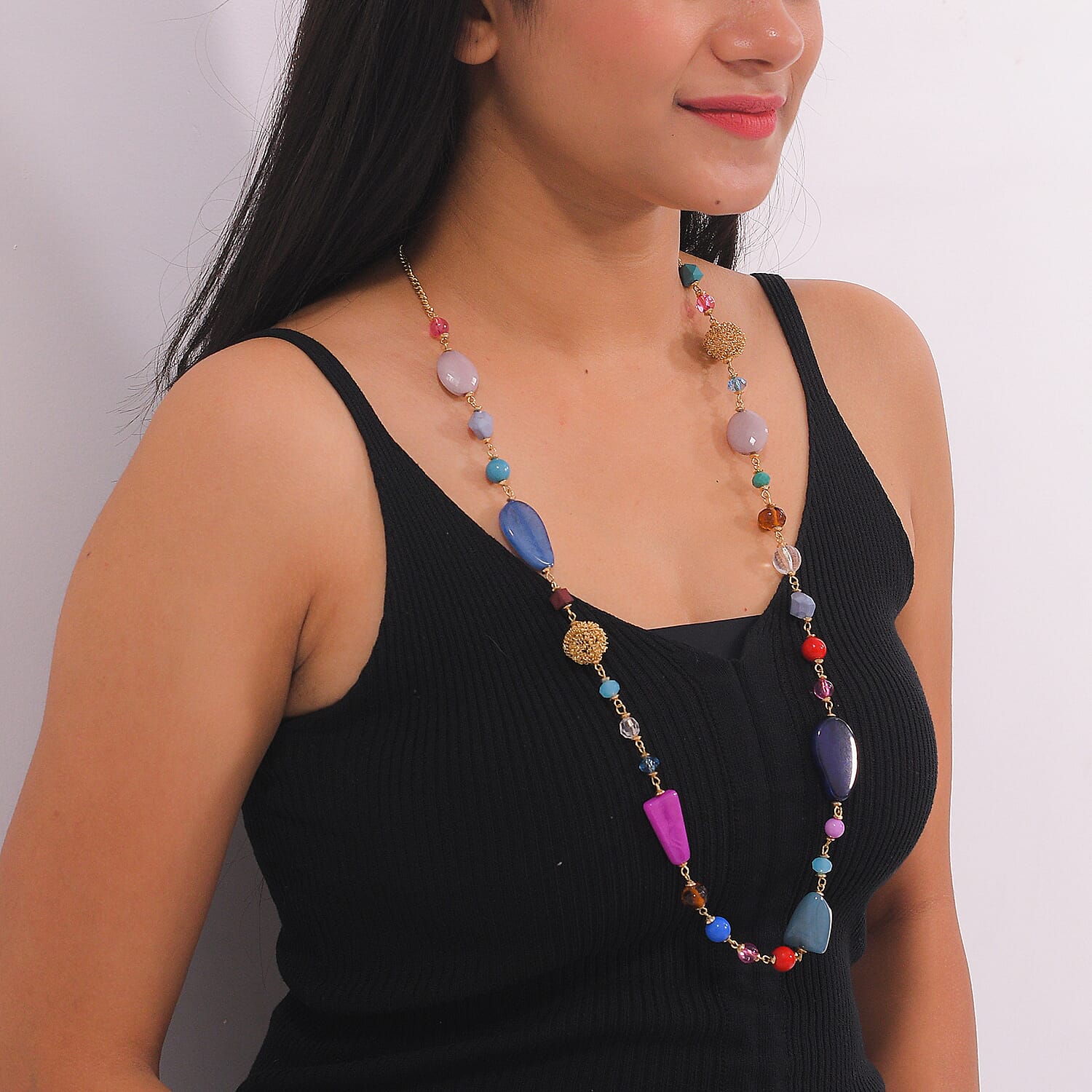 Multi Color Glass Beaded Necklace 32.5-34.5 Inches in Goldtone