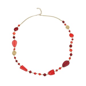Red Glass Beaded Necklace 32.5-34.5 Inches in Goldtone