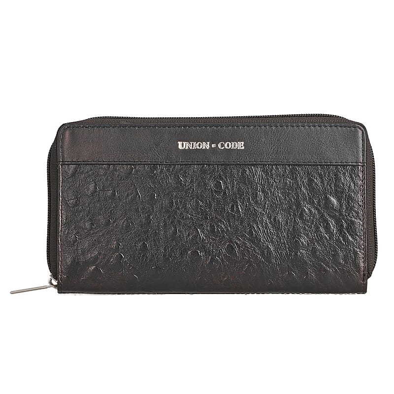 Union Code Black Genuine Leather Ostrich Embossed RFID Protected Women's Wallet