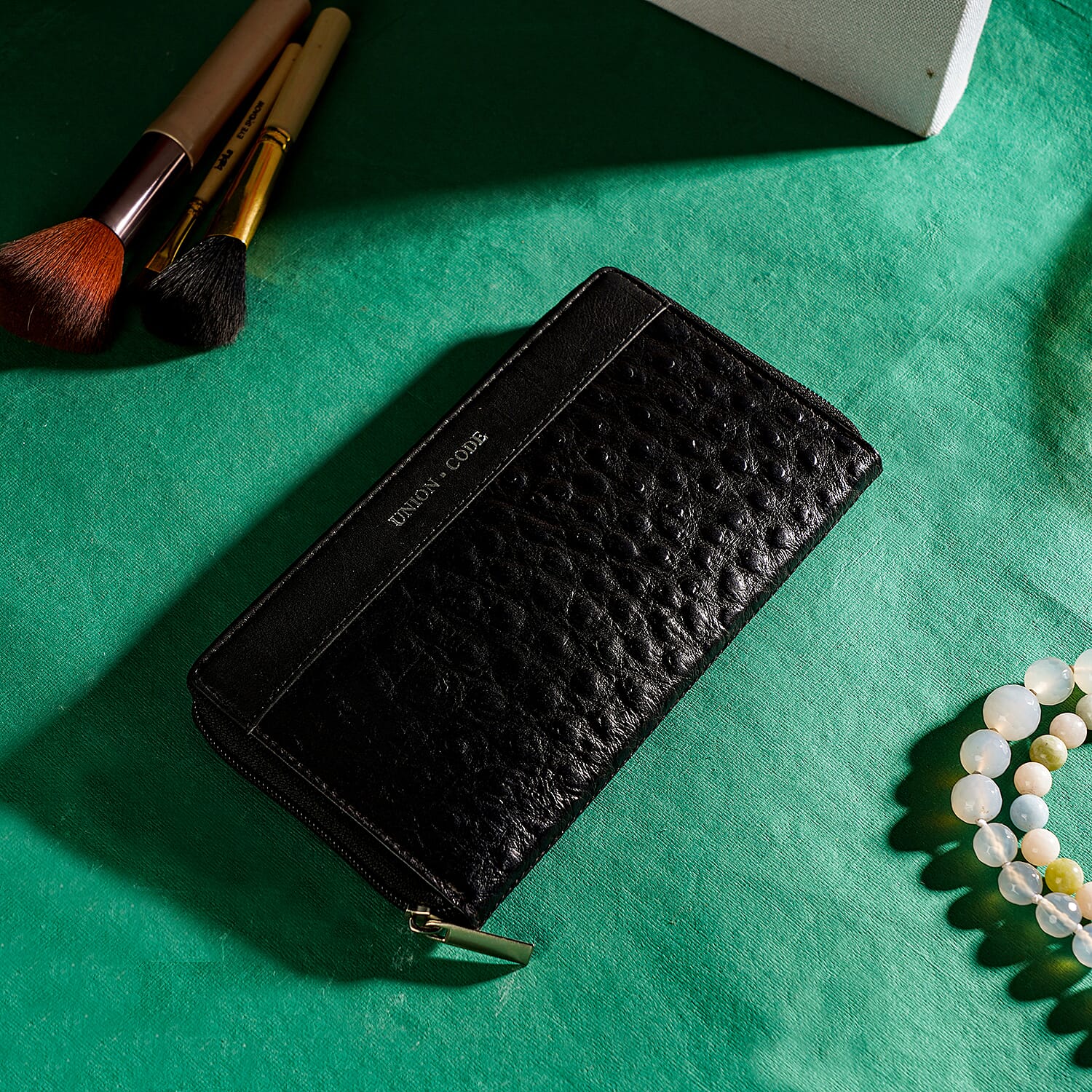 Union Code Black Genuine Leather Ostrich Embossed RFID Protected Women's Wallet