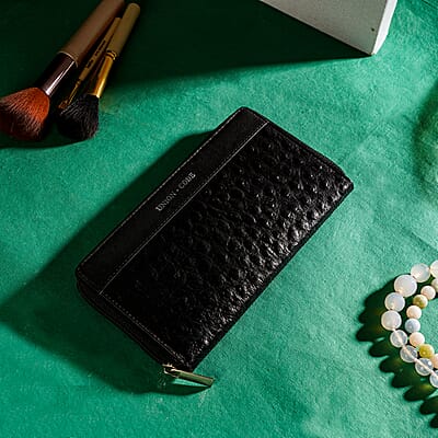 Union Code Black Genuine Leather Ostrich Embossed RFID Protected Women's Wallet