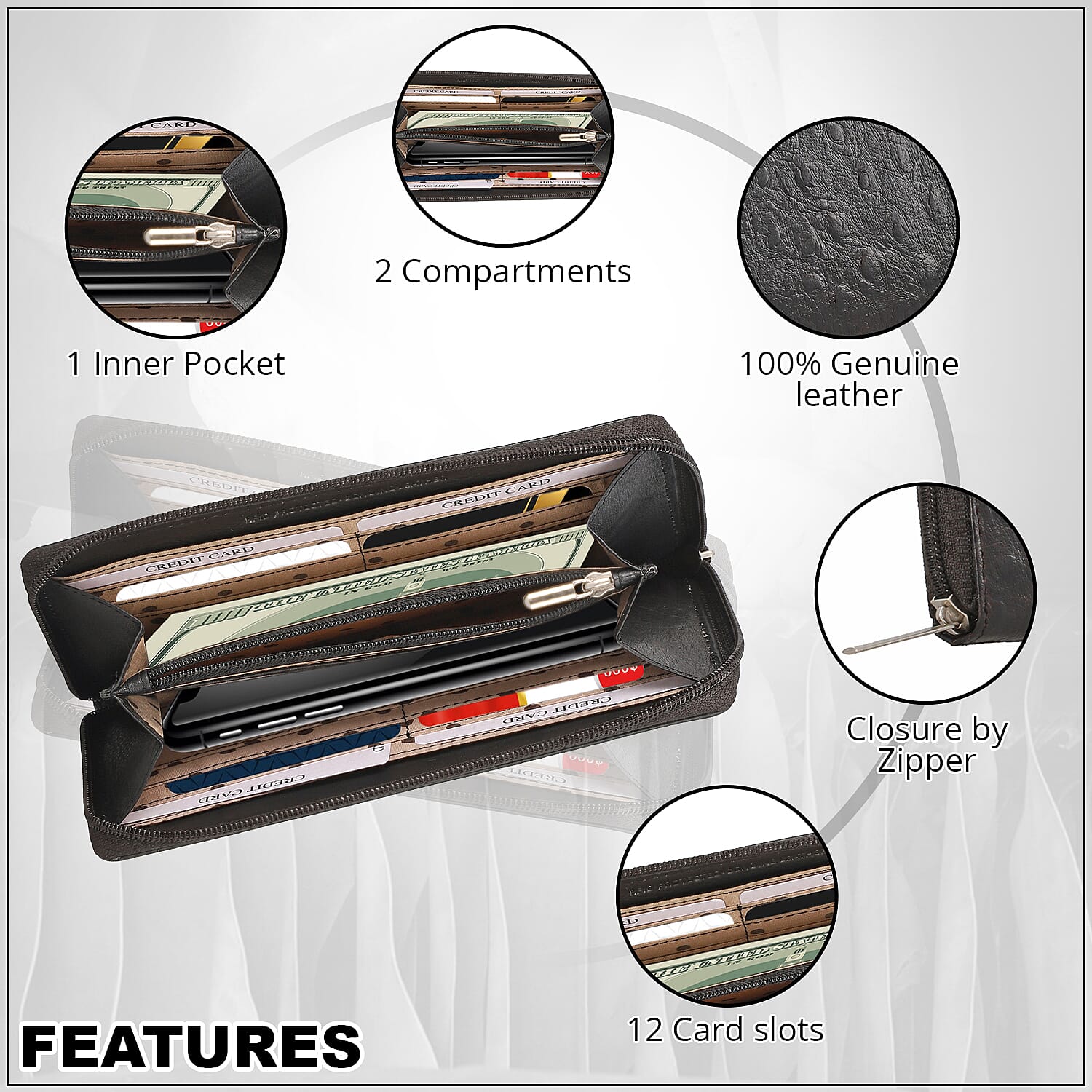 Union Code Black Genuine Leather Ostrich Embossed RFID Protected Women's Wallet