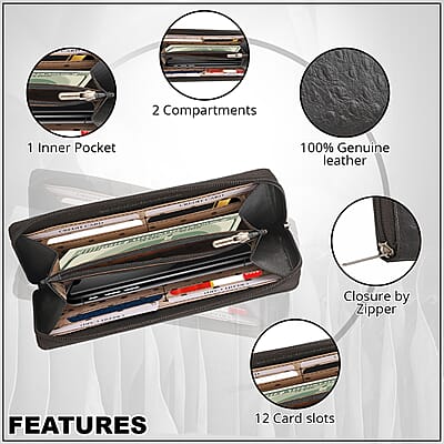 Union Code Black Genuine Leather Ostrich Embossed RFID Protected Women's Wallet