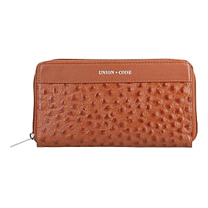 Union Code Cognac Genuine Leather Ostrich Embossed RFID Protected Women's Wallet