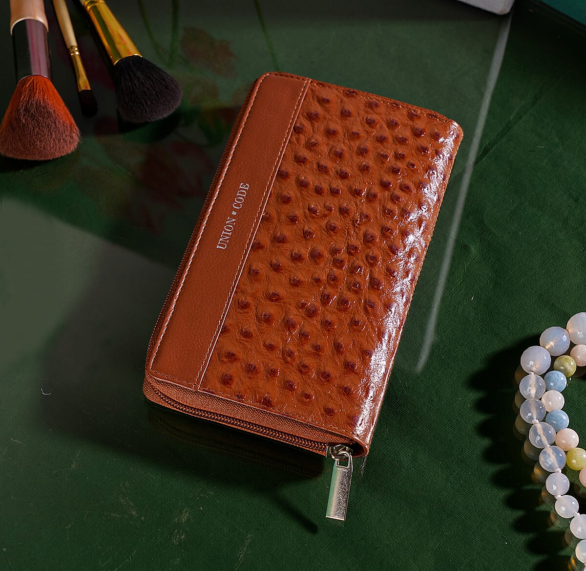Union Code Cognac Genuine Leather Ostrich Embossed RFID Protected Women's Wallet image number 1