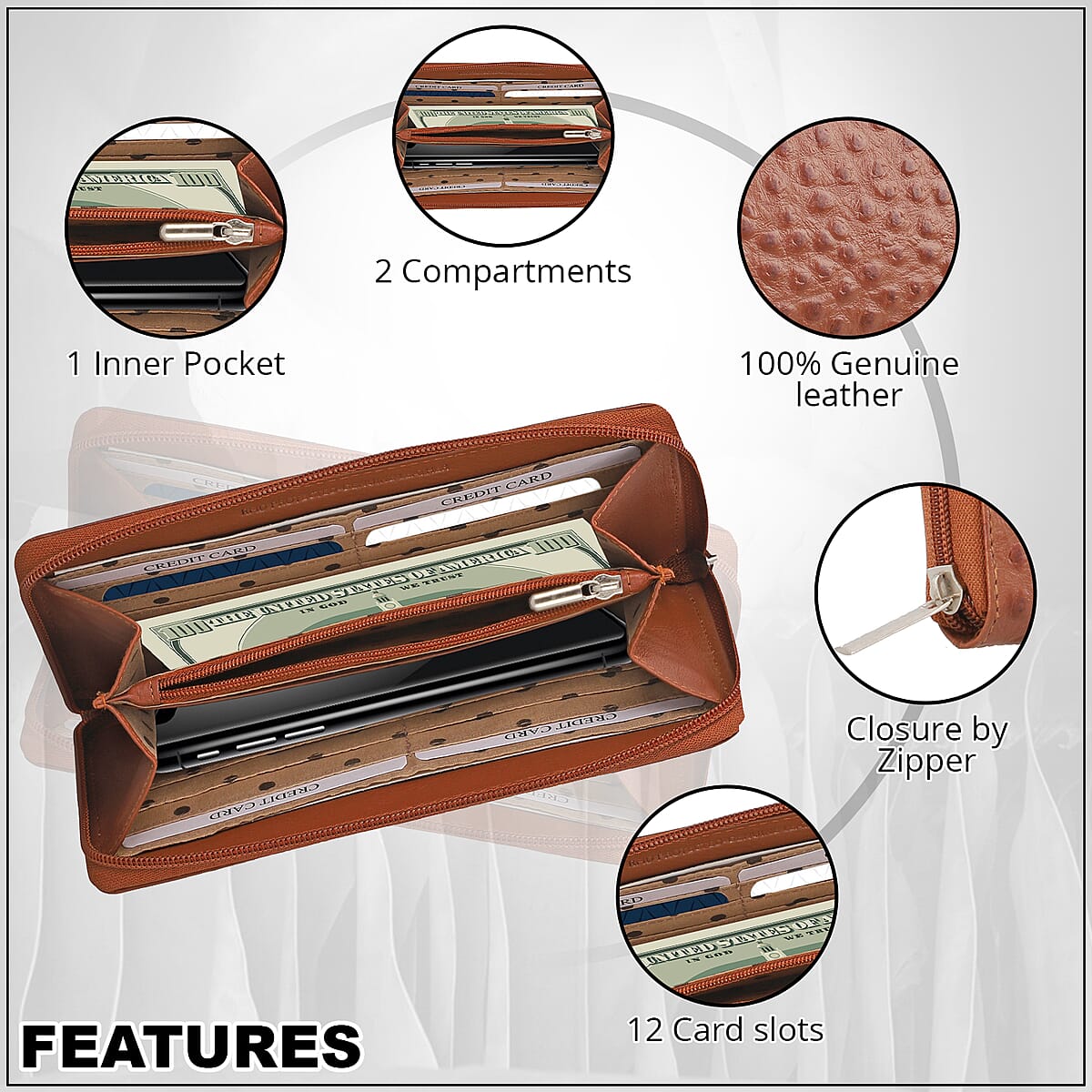 Union Code Cognac Genuine Leather Ostrich Embossed RFID Protected Women's Wallet image number 3
