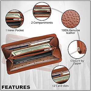 Union Code Cognac Genuine Leather Ostrich Embossed RFID Protected Women's Wallet