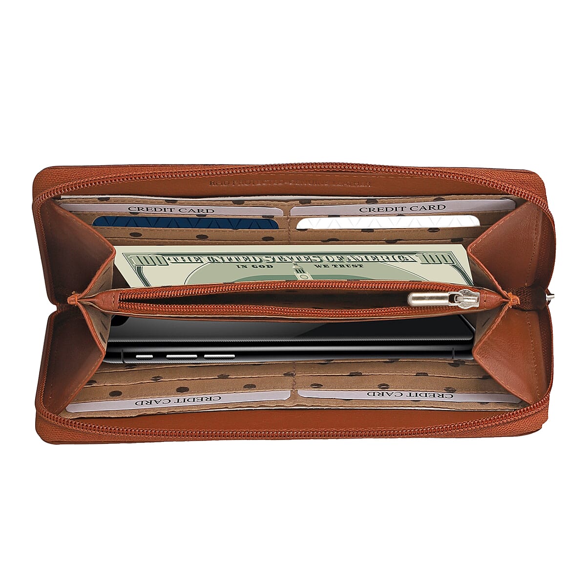 Union Code Cognac Genuine Leather Ostrich Embossed RFID Protected Women's Wallet image number 5