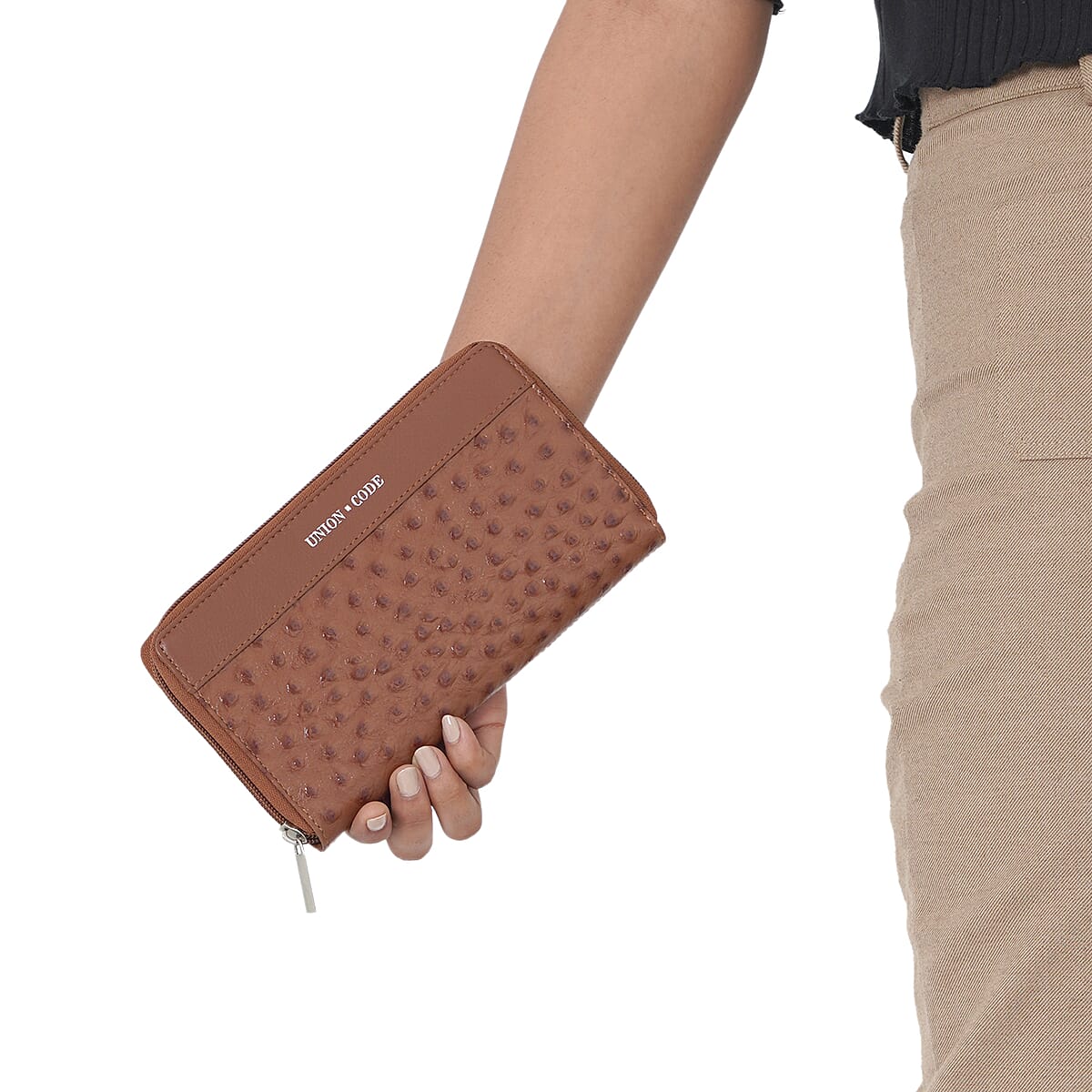 Union Code Cognac Genuine Leather Ostrich Embossed RFID Protected Women's Wallet image number 6