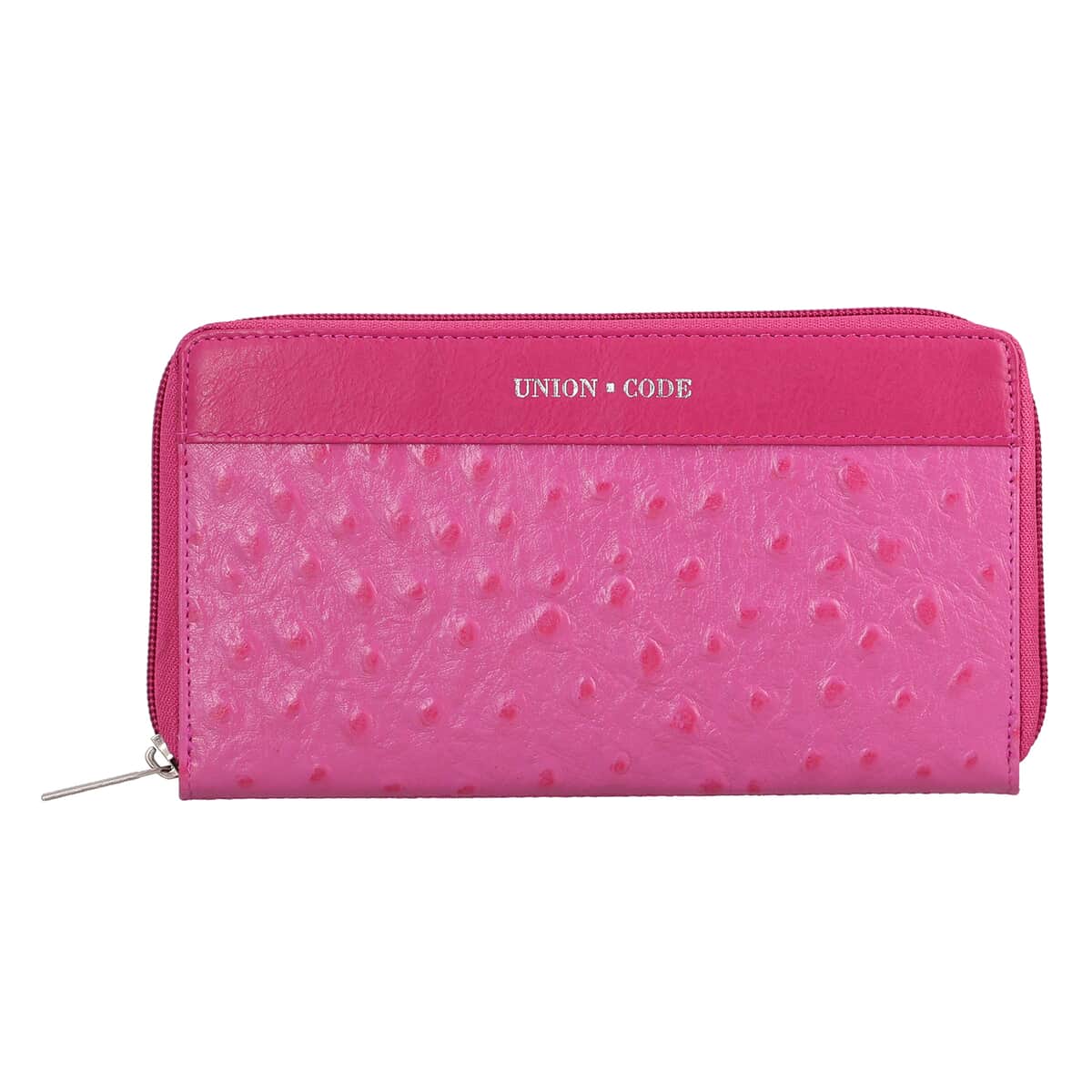 Union Code Fuchsia Ostrich Embossed Pattern Genuine Leather RFID Protected Women's Wallet image number 0
