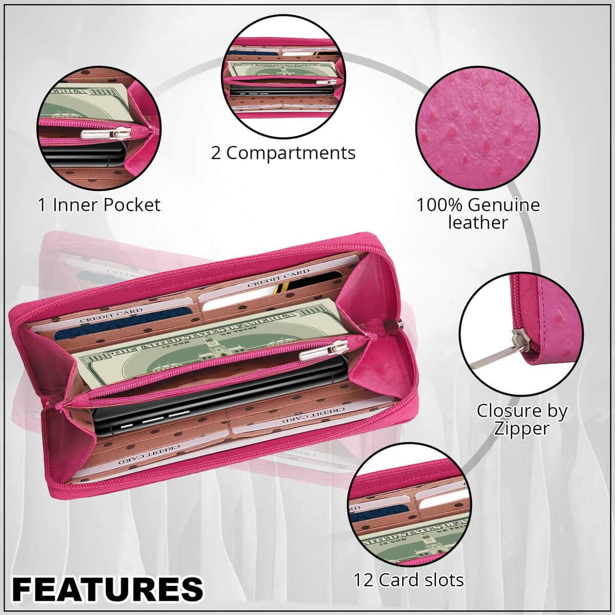 Union Code Fuchsia Ostrich Embossed Pattern Genuine Leather RFID Protected Women's Wallet image number 3