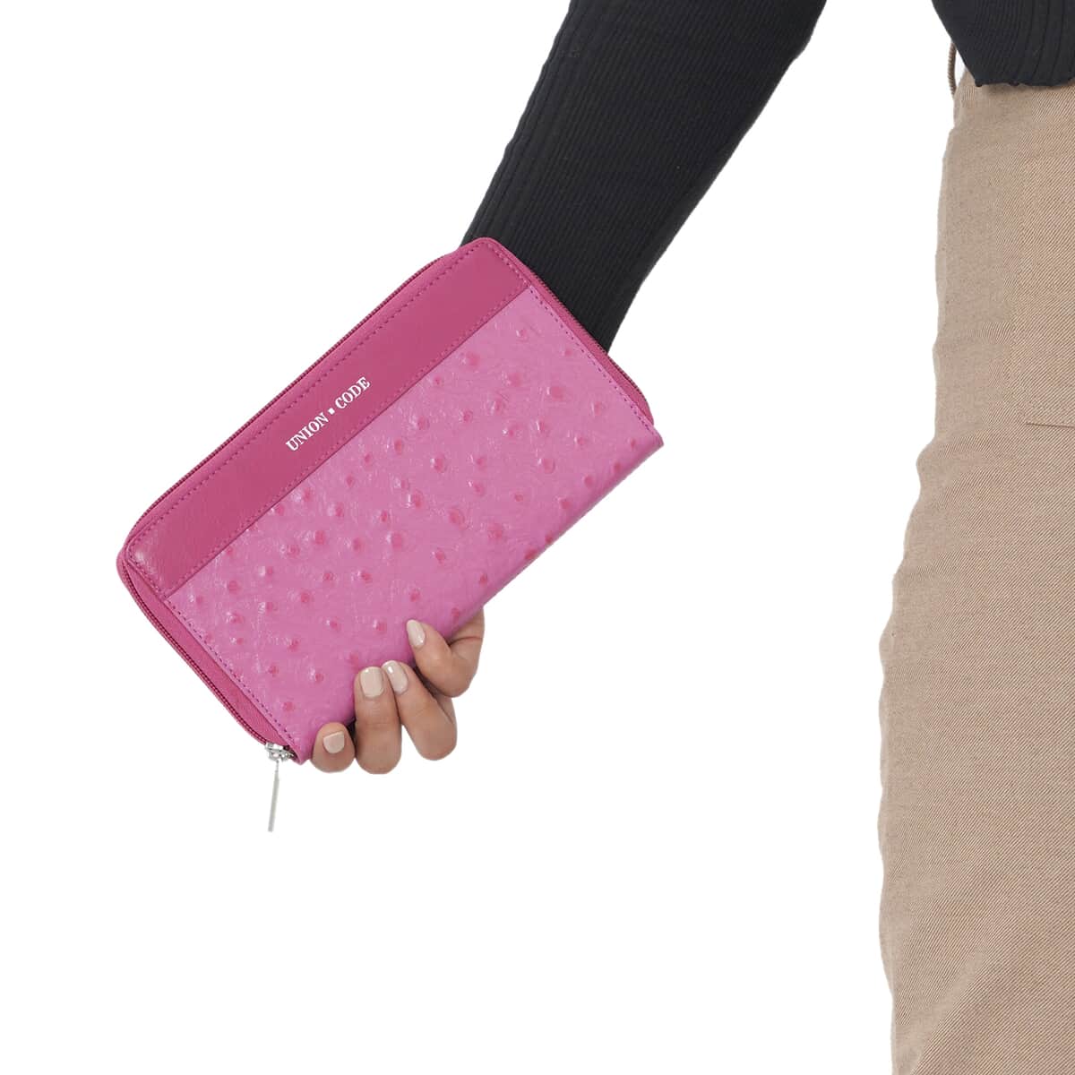 Union Code Fuchsia Ostrich Embossed Pattern Genuine Leather RFID Protected Women's Wallet image number 6