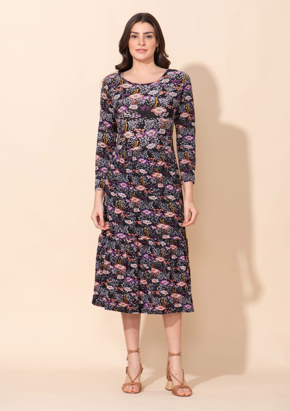 Tamsy Black Mini Floral Printed Round Neck Umbrella Dress - L