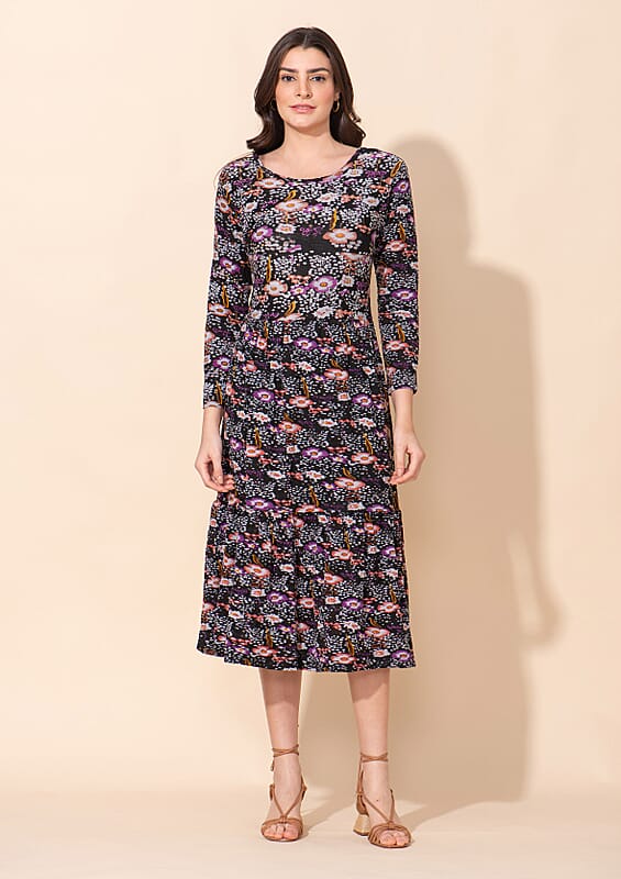 Tamsy Black Mini Floral Printed Round Neck Umbrella Dress - L
