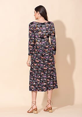 Tamsy Black Mini Floral Printed Round Neck Umbrella Dress - L