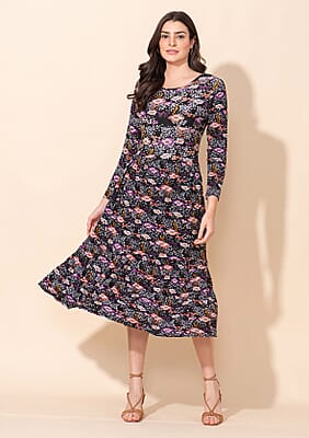 Tamsy Black Mini Floral Printed Round Neck Umbrella Dress - L
