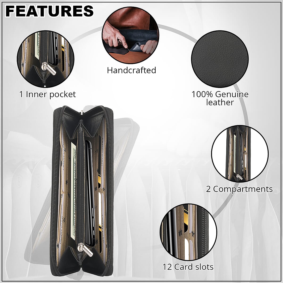 UNION CODE Black Genuine Leather RFID Women's Wallet image number 3