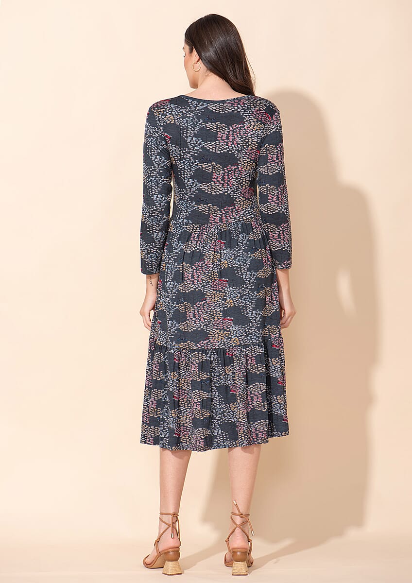 Tamsy Abstract Multi Turquoise Color Printed Round Neck Umbrella Dress - 2X image number 1