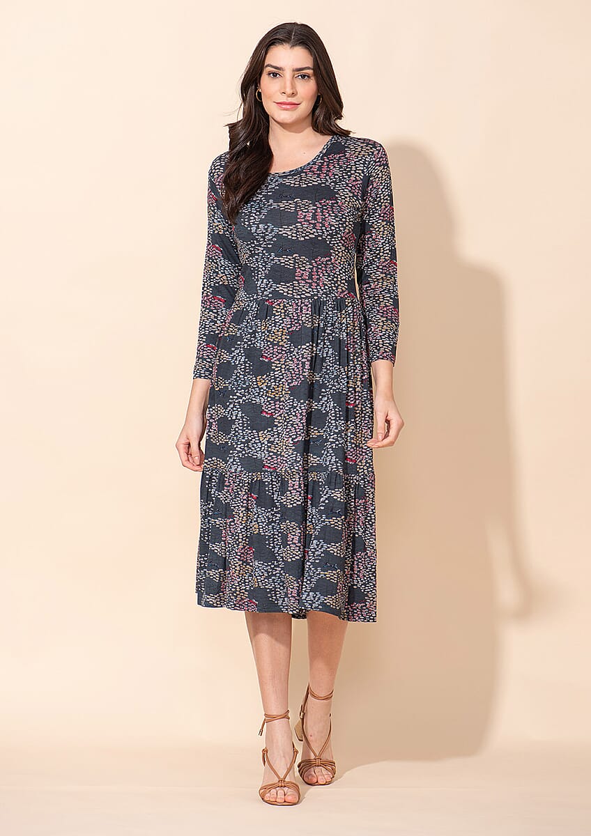 Tamsy Abstract Multi Turquoise Color Printed Round Neck Umbrella Dress - 2X image number 2