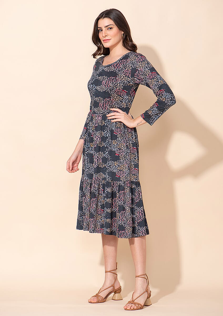 Tamsy Abstract Multi Turquoise Color Printed Round Neck Umbrella Dress - 2X image number 3