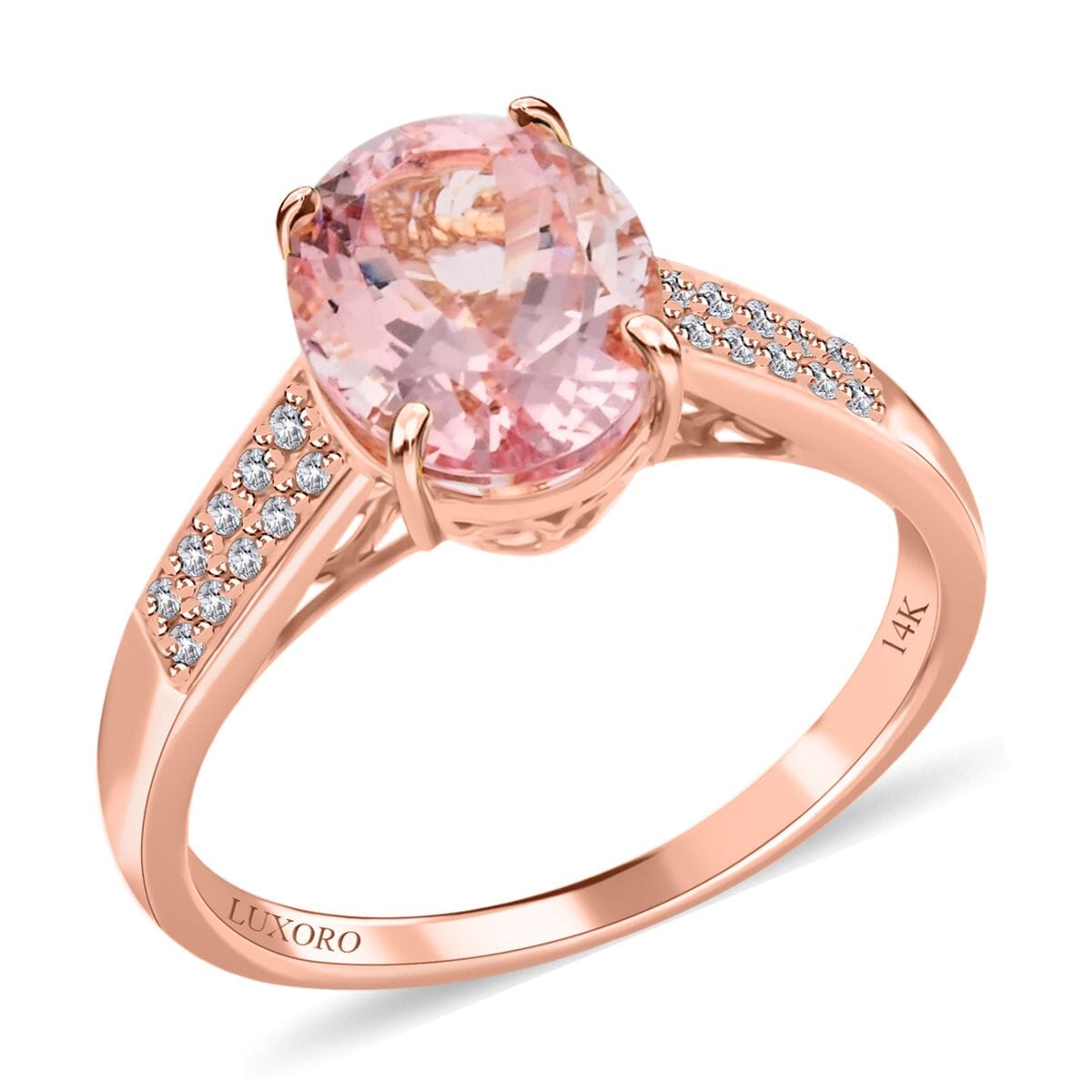 Luxoro 14K Rose Gold AAA Palmeiras Pink Morganite and G-H I2 Diamond Ring (Size 4.5) 2.60 ctw image number 0