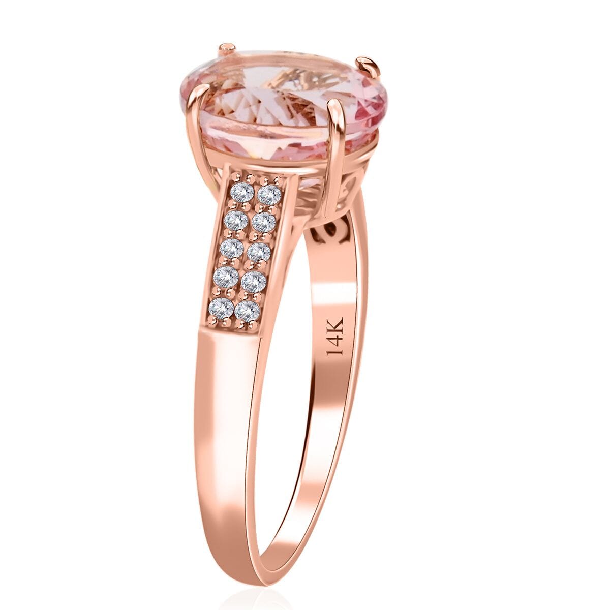 Luxoro 14K Rose Gold AAA Palmeiras Pink Morganite and G-H I2 Diamond Ring (Size 4.5) 2.60 ctw image number 3