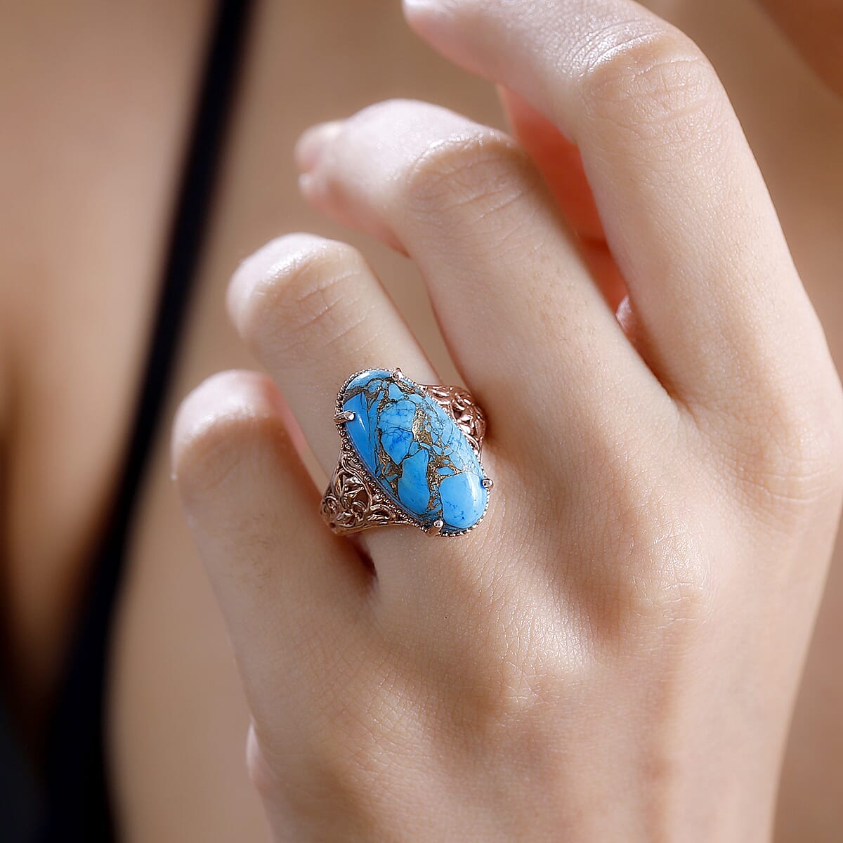 Matrix Chestnut Brine Turquoise 8.60 ctw Solitaire Ring in 14K RG Over Copper with Magnet (Size 6.0) image number 2