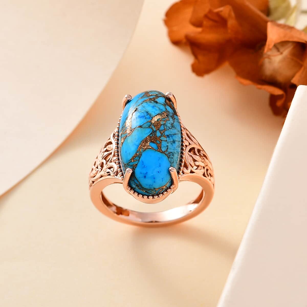 Matrix Chestnut Brine Turquoise 8.60 ctw Solitaire Ring in 14K RG Over Copper with Magnet (Size 7.0) image number 1