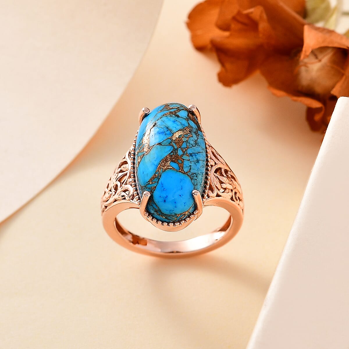 Matrix Chestnut Brine Turquoise 8.60 ctw Solitaire Ring in 14K RG Over Copper with Magnet (Size 8.0) image number 1