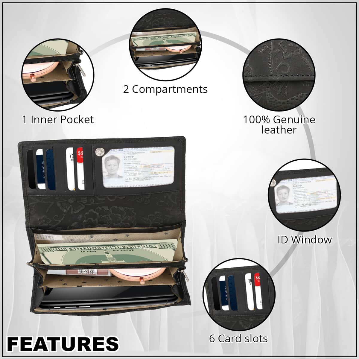 RFID Protected 100% Floral Embossed Genuine Leather Women's Wallet image number 3