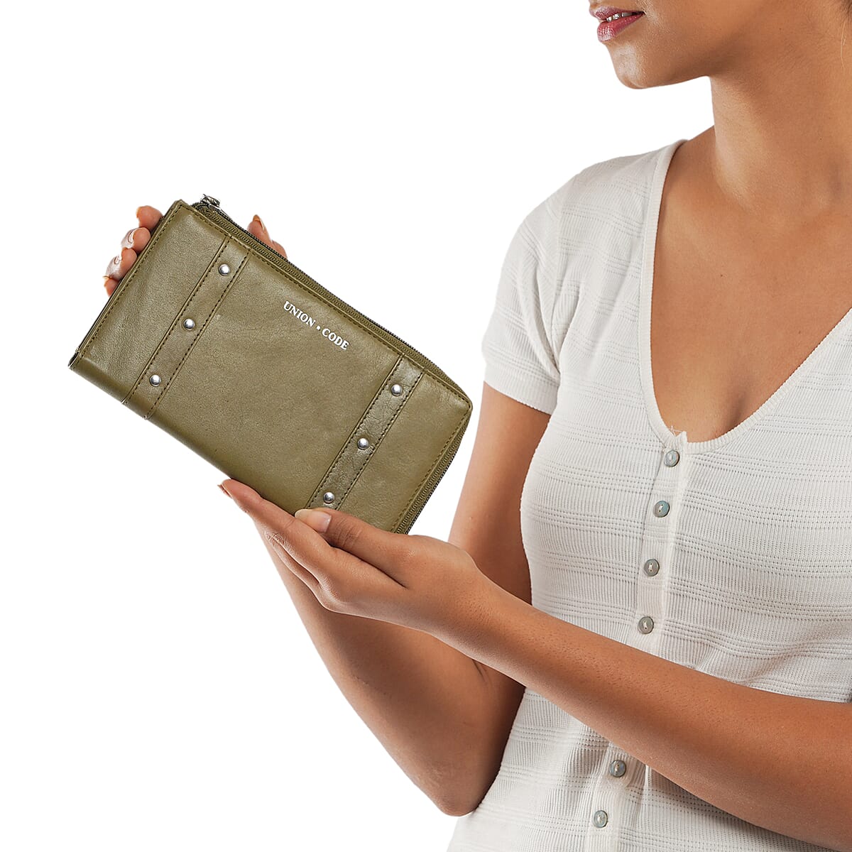 Union Code Moss Green Genuine Leather RFID Women's Wallet image number 2