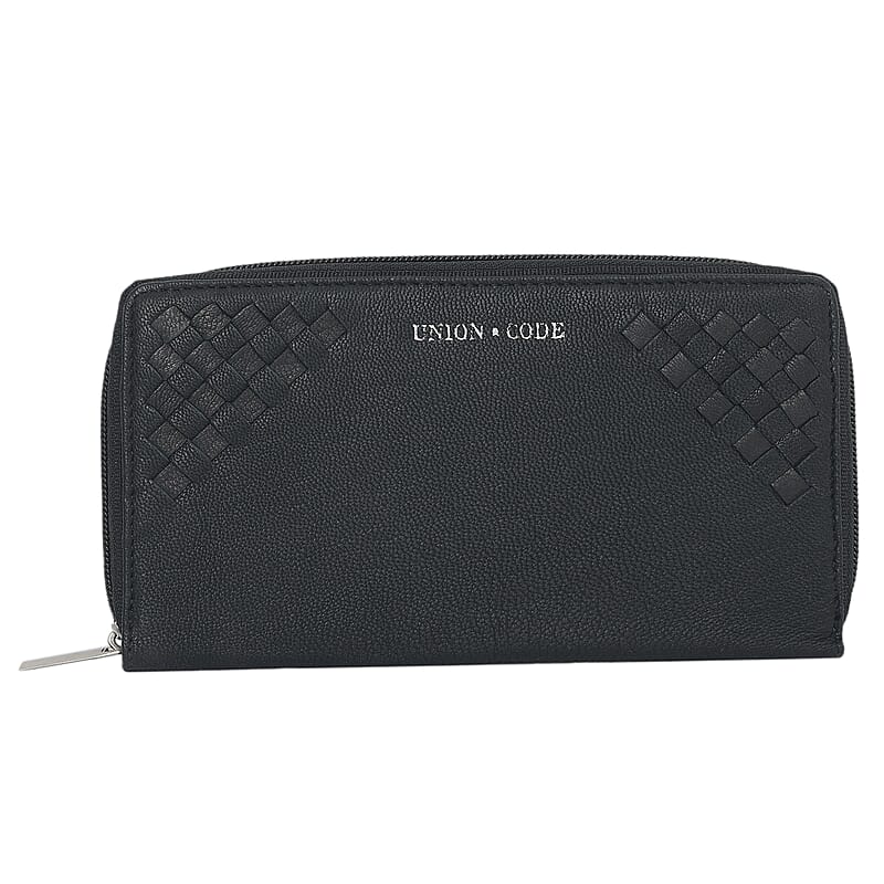 UNION CODE Black Genuine Leather RFID Women's Wallet with Zipper Closure | Leather Card Holder Travel Wallet | Leather Purse for Women