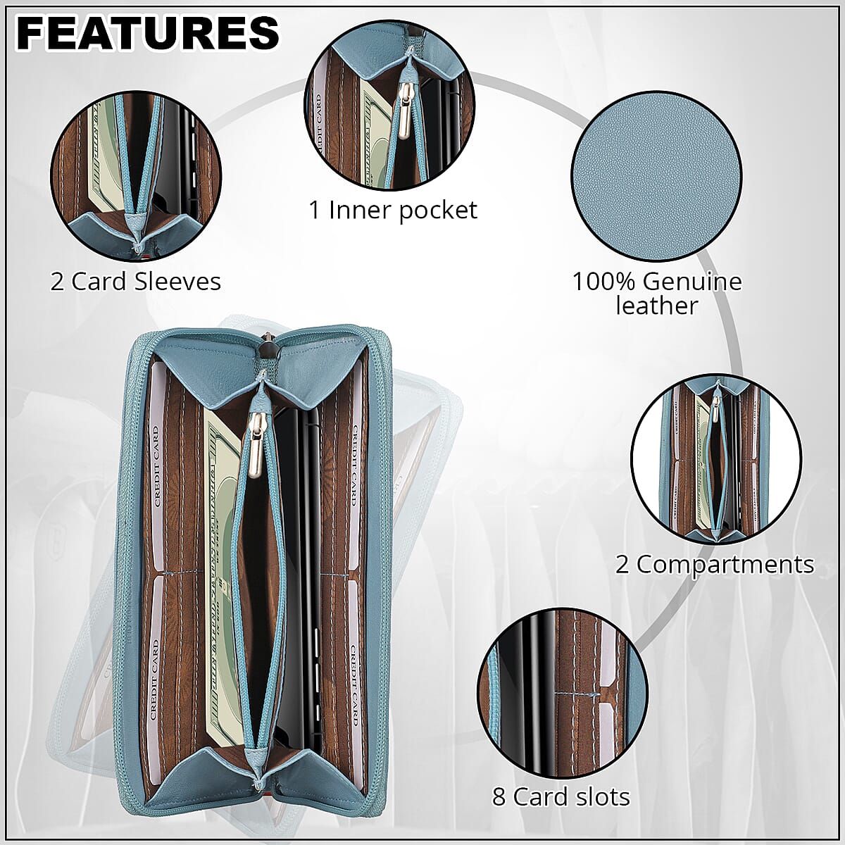 UNION CODE Sea Blue Genuine Leather RFID Women's Wallet with Zipper Closure | Leather Card Holder Travel Wallet | Leather Purse for Women image number 3