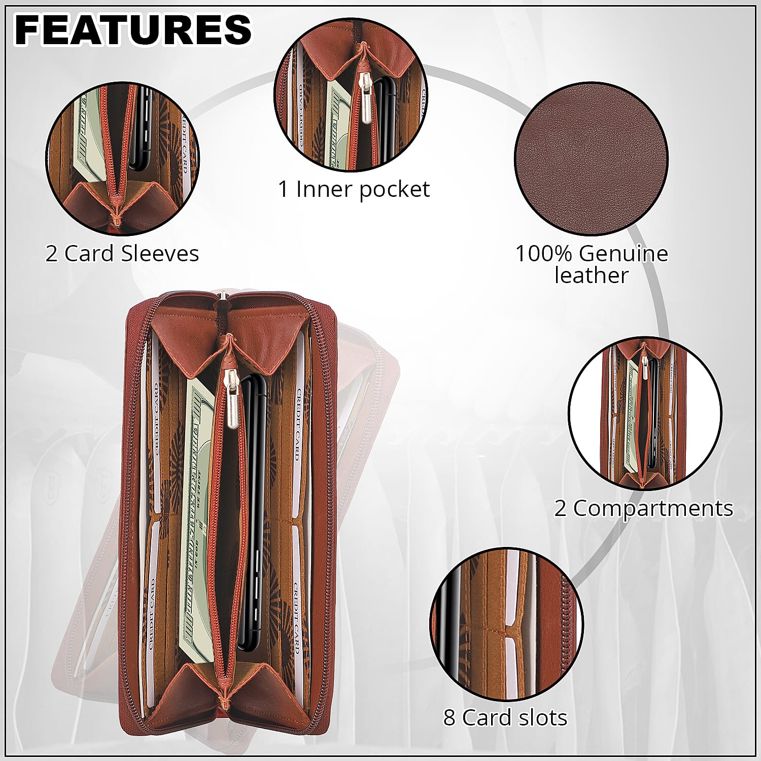 UNION CODE Brown Genuine Leather RFID Women's Wallet with Zipper Closure , Leather Card Holder Travel Wallet , Leather Purse for Women