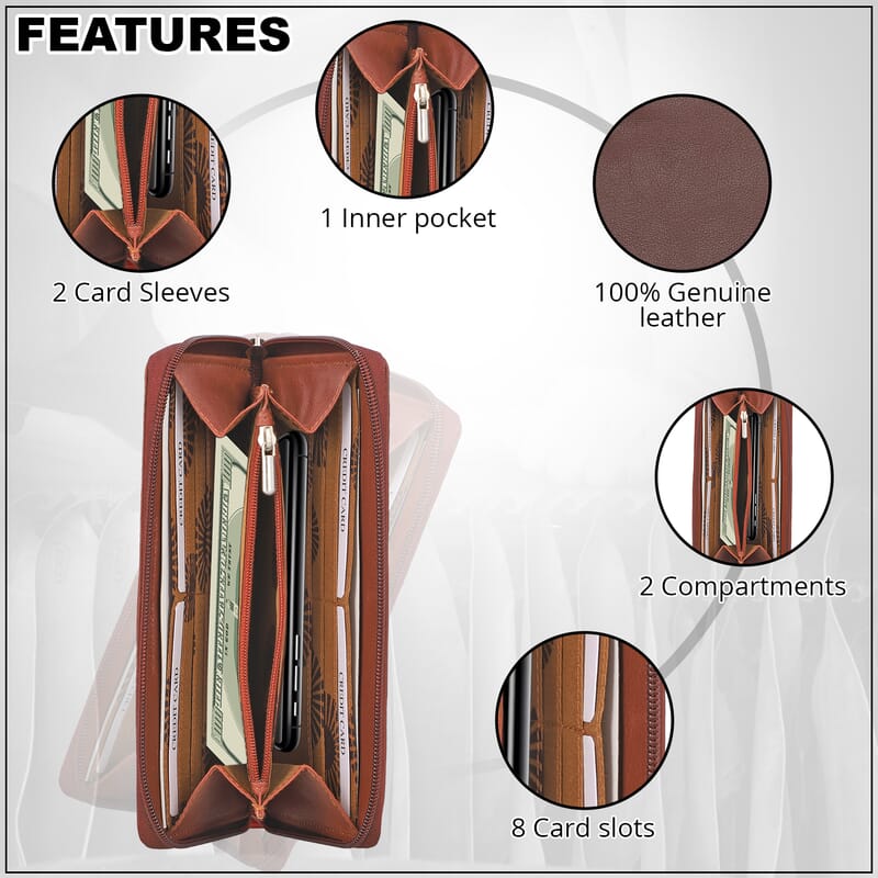 UNION CODE Brown Genuine Leather RFID Women's Wallet with Zipper Closure , Leather Card Holder Travel Wallet , Leather Purse for Women