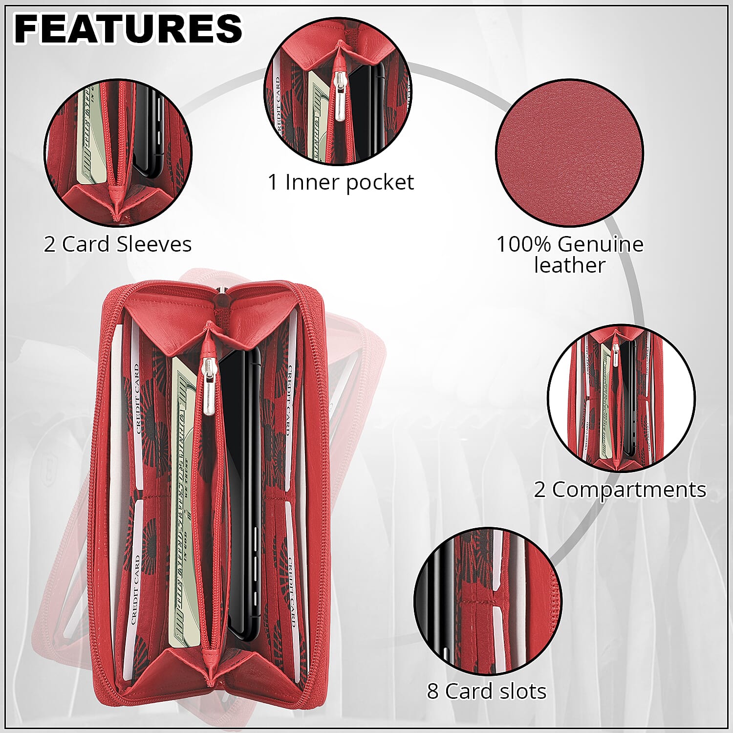 UNION CODE Light Red Genuine Leather RFID Women's Wallet with Zipper Closure | Leather Card Holder Travel Wallet | Leather Purse for Women