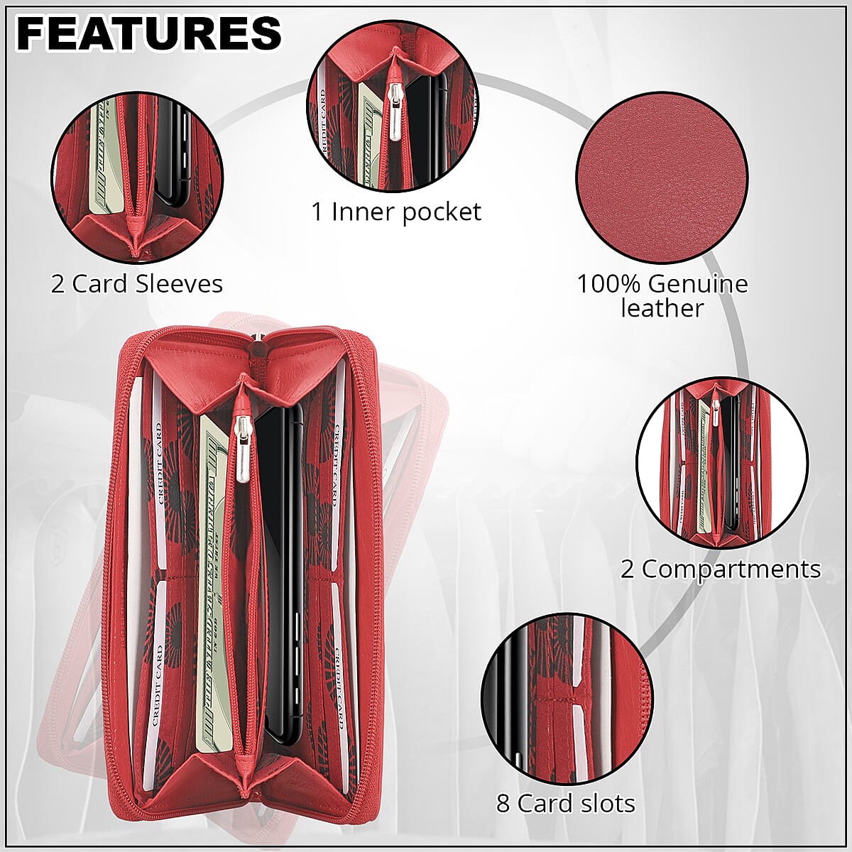 UNION CODE Light Red Genuine Leather RFID Women's Wallet with Zipper Closure | Leather Card Holder Travel Wallet | Leather Purse for Women image number 3