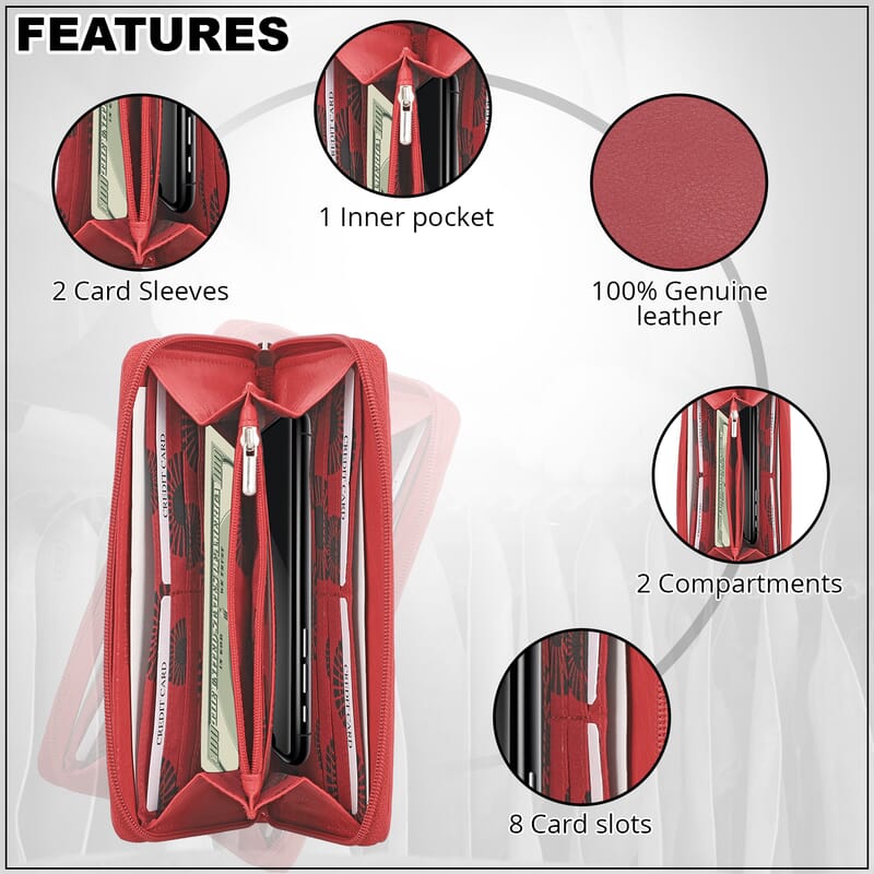 UNION CODE Light Red Genuine Leather RFID Women's Wallet with Zipper Closure | Leather Card Holder Travel Wallet | Leather Purse for Women