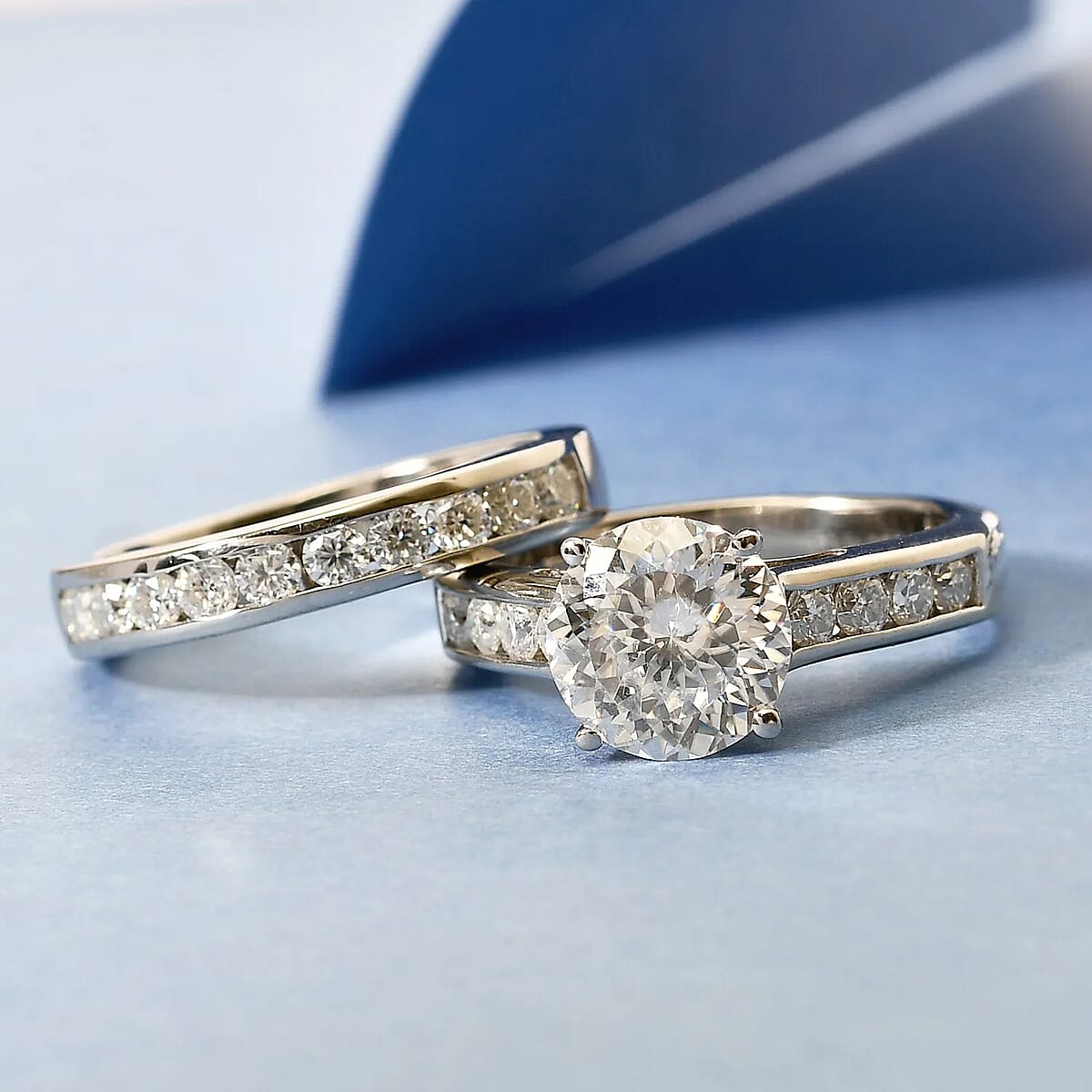 120 Facets White Moissanite Stackable Ring, Set of 2 Moissanite Rings, Platinum Over Sterling Silver Rings, Wedding  Rings, Engagement Rings, Gift For Her 2.65 ctw (Size 9) image number 1