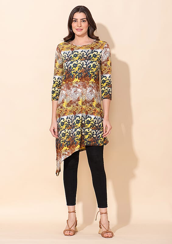 Tamsy Yellow Natural Floral Print Round Neck Midi Dress - L