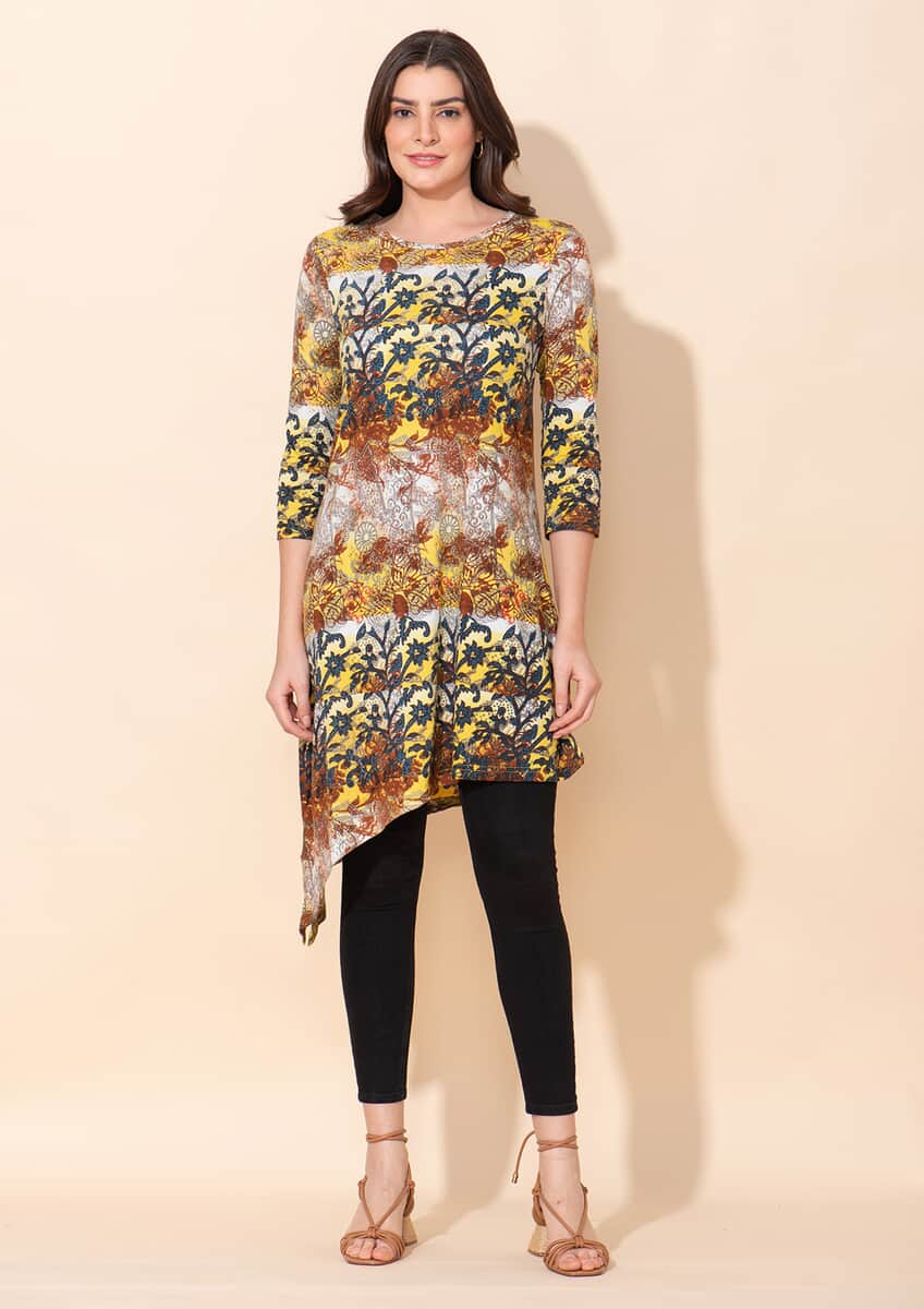 TAMSY Yellow Natural Floral Print Round Neck Midi Dress - L image number 0