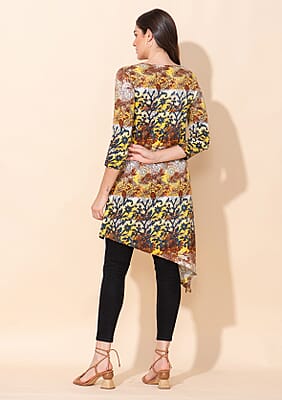 Tamsy Yellow Natural Floral Print Round Neck Midi Dress - L