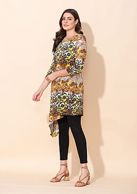 Tamsy Yellow Natural Floral Print Round Neck Midi Dress - L