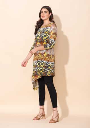 Tamsy Yellow Natural Floral Print Round Neck Midi Dress - M image number 2